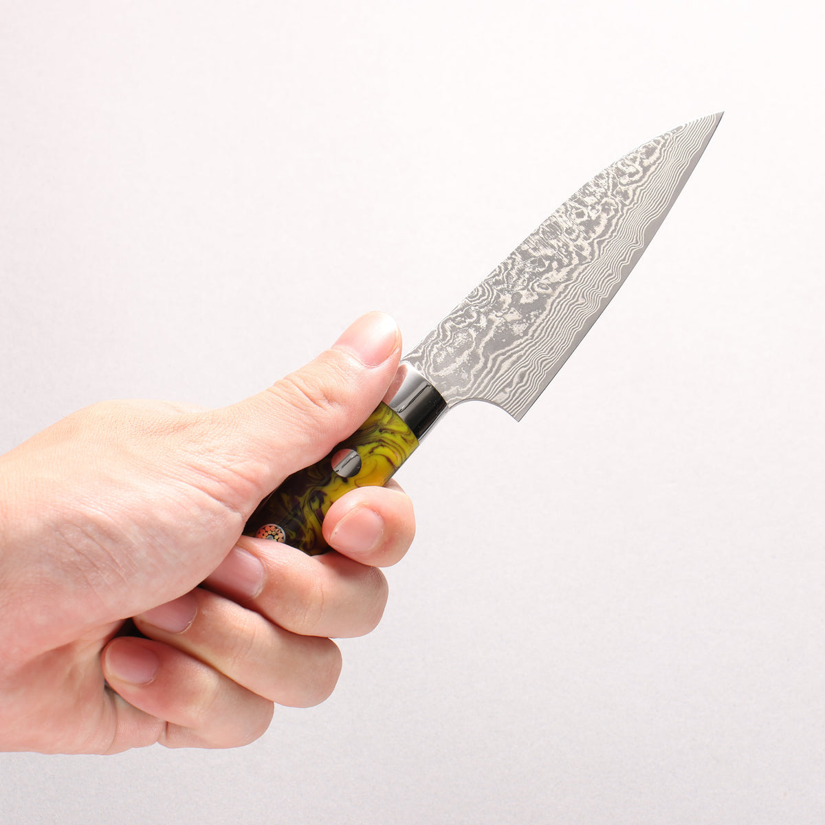 Takeshi Saji SG2 Black Damascus Petty-Utility 90mm Black and Yellow Marbled Acrylic Handle