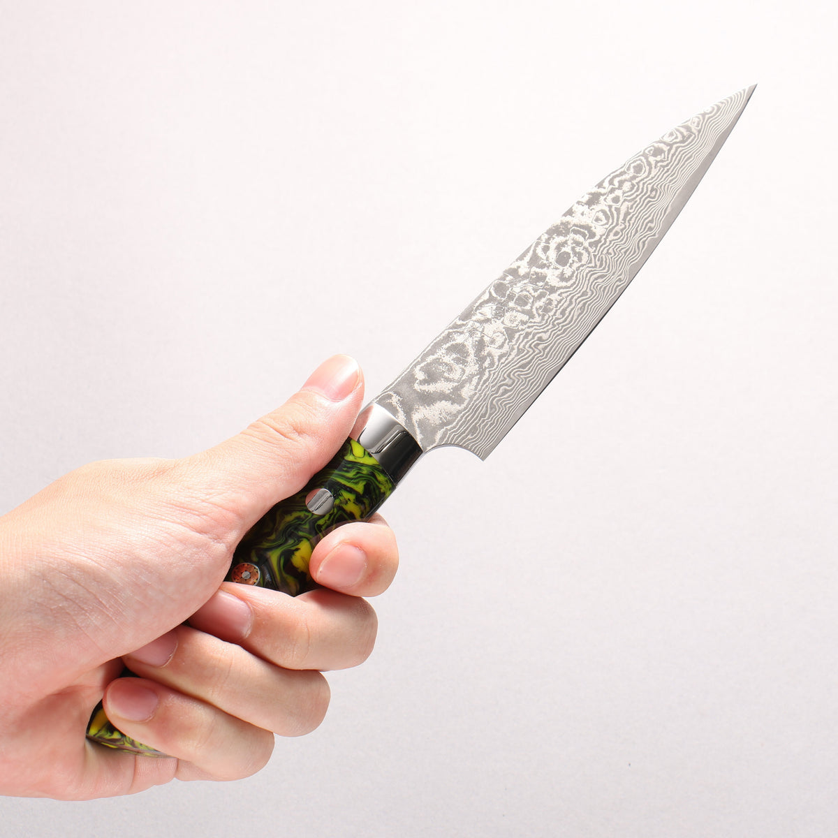Takeshi Saji SG2 Black Damascus Petty-Utility 130mm Black & Yellow Marbled Acrylic Handle - Seisuke Knife