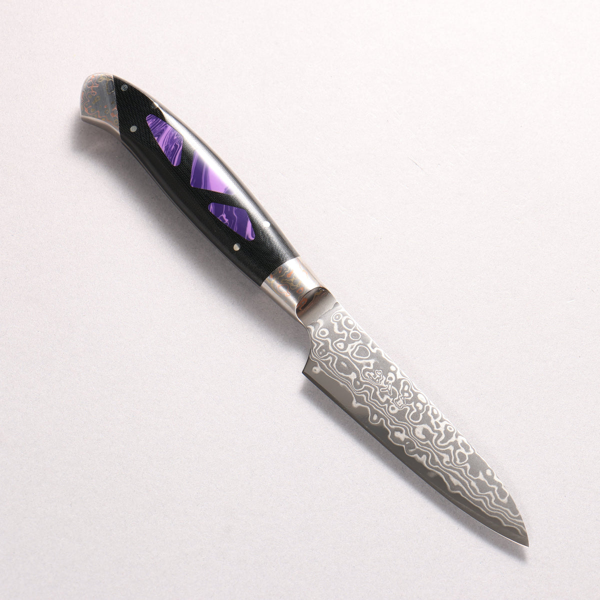 Kajin ZDP189 Damascus Migaki Finished Petty-Utility 95mm Linen Micarta With Gemstone Inlayed Handle