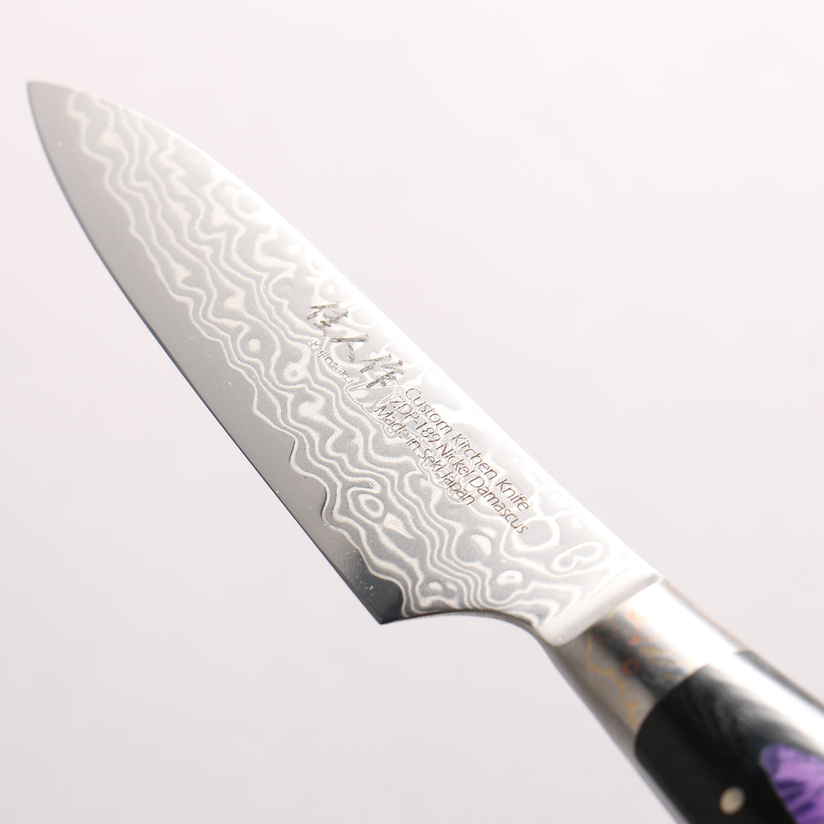 Kajin ZDP189 Damascus Migaki Finished Petty-Utility 95mm Linen Micarta With Gemstone Inlayed Handle
