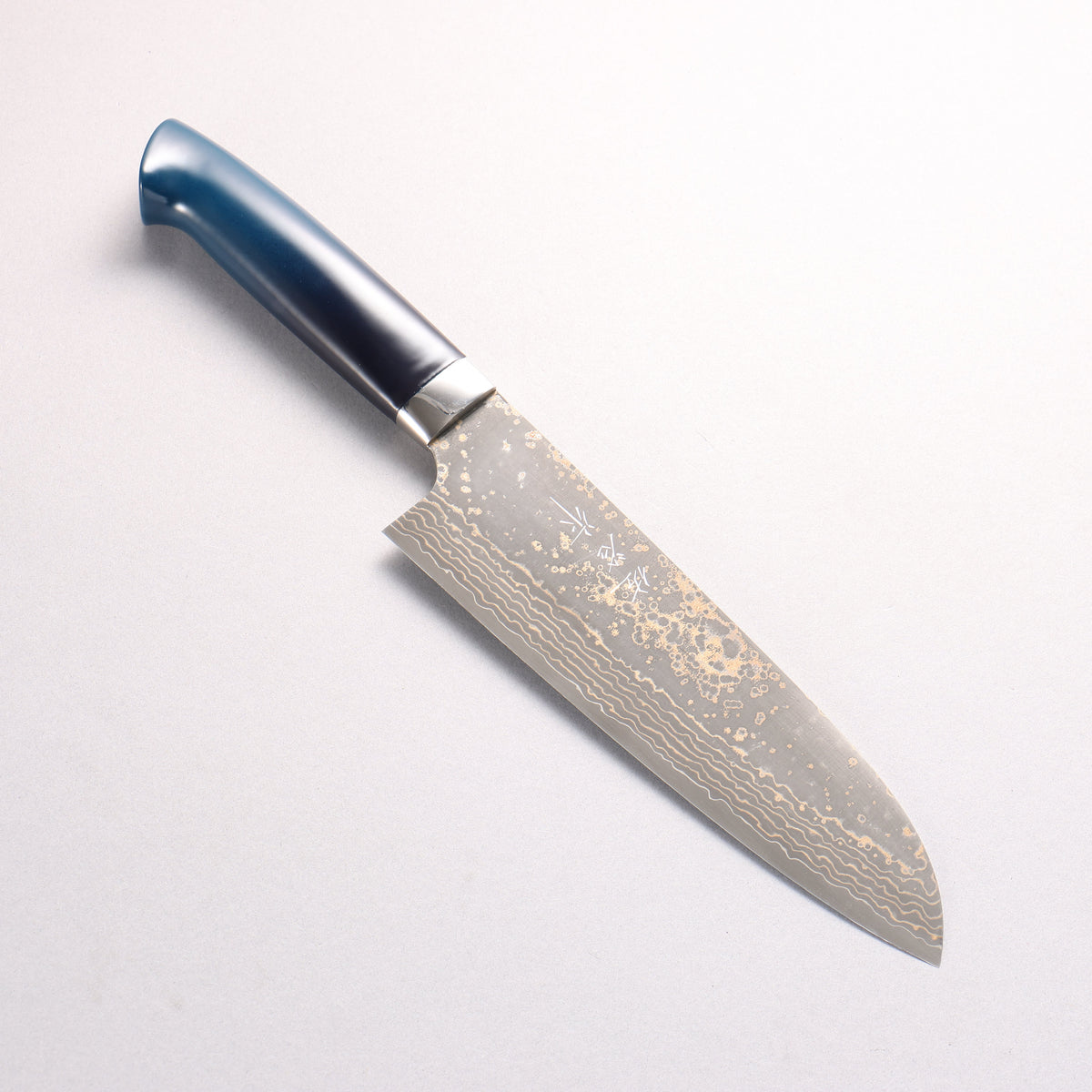 Takeshi Saji VG10w Colored Damascus Black Finished Santoku 180mm Matte Black and Blue Urethane Coating Handle with Sheath