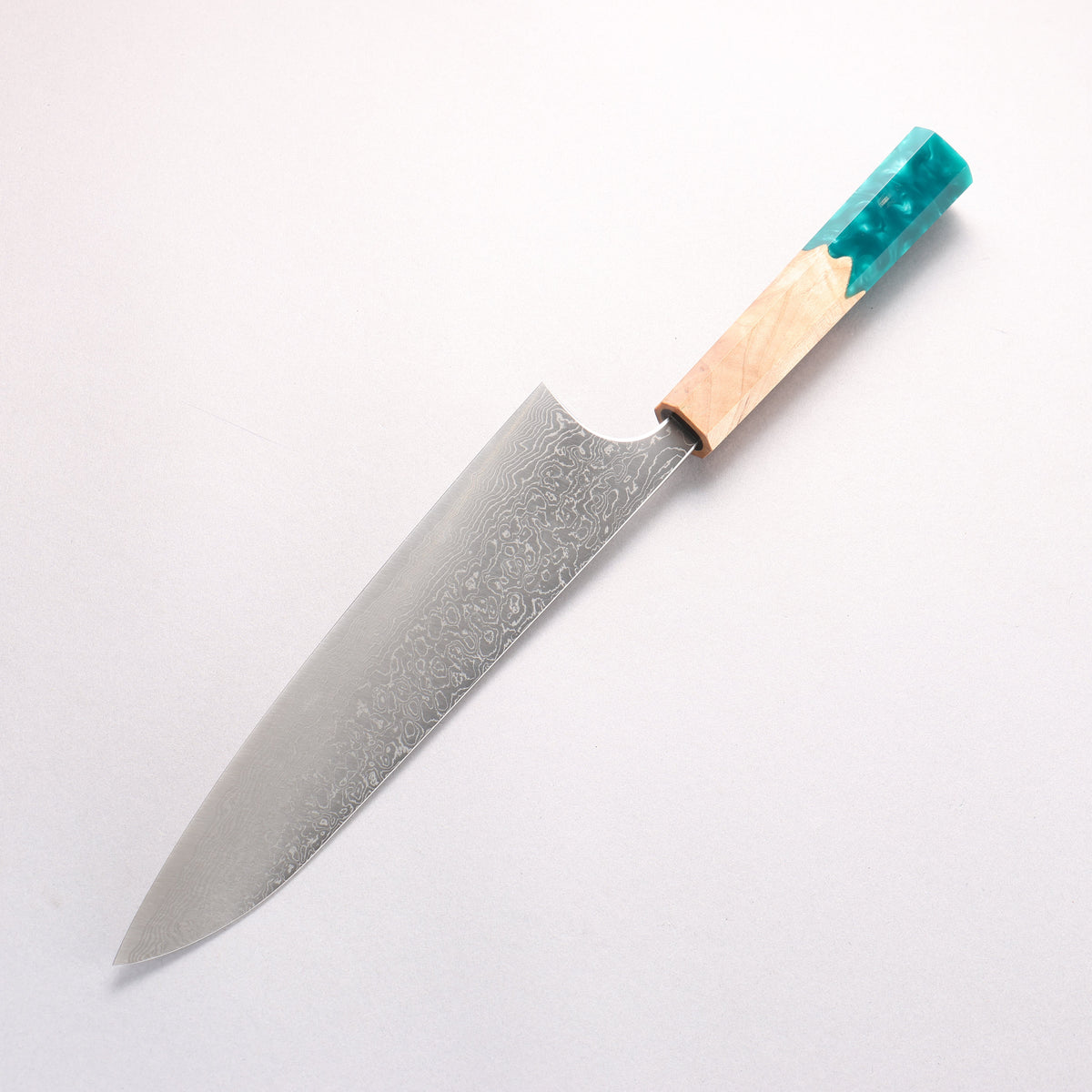 Anryu VG10 Migaki Finished Damascus Gyuto 210mm Olive Tree and Blue/Green Resin Handle