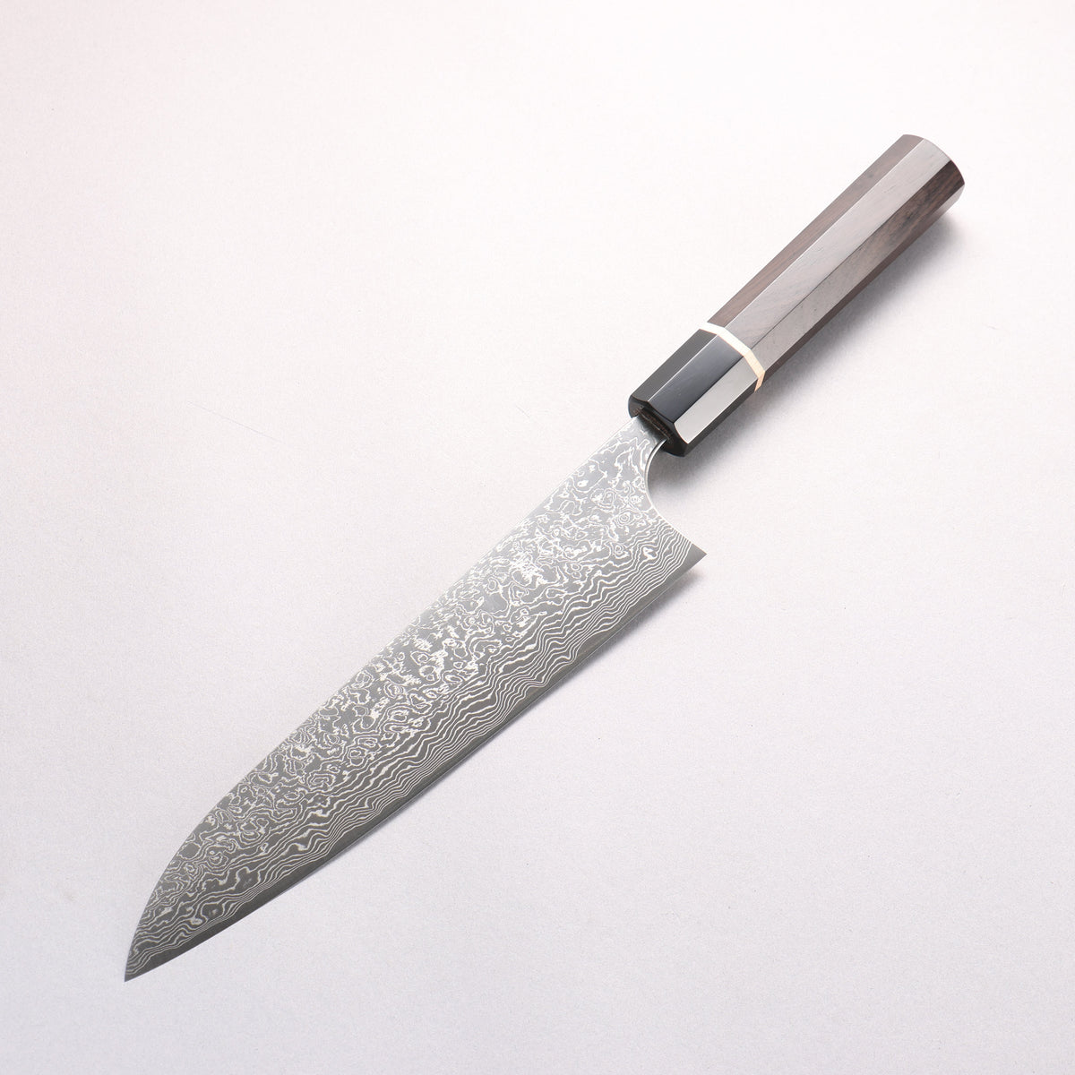 Anryu VG10 Migaki Finished Damascus Gyuto 210mm Ebony (1 Maple Ring and Black Water Buffalo Ferrule) Handle