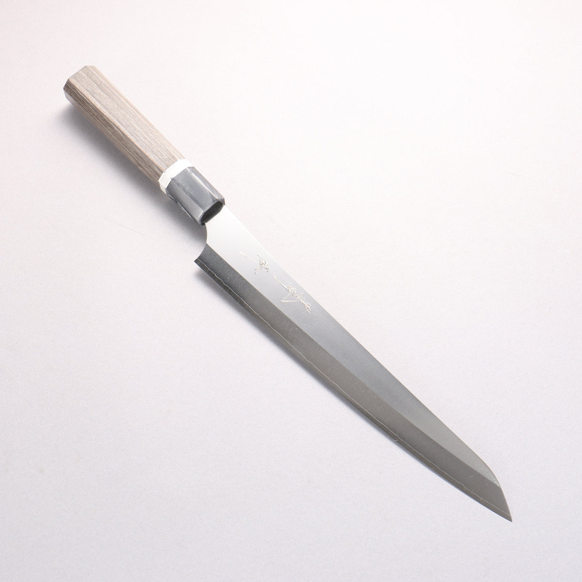 Yu Kurosaki Gekko VG-XEOS Sujihiki 240mm Gray Stabilized Wood (Ferrule: Gray Marbled Acrylic with White and Silver Rings) Handle