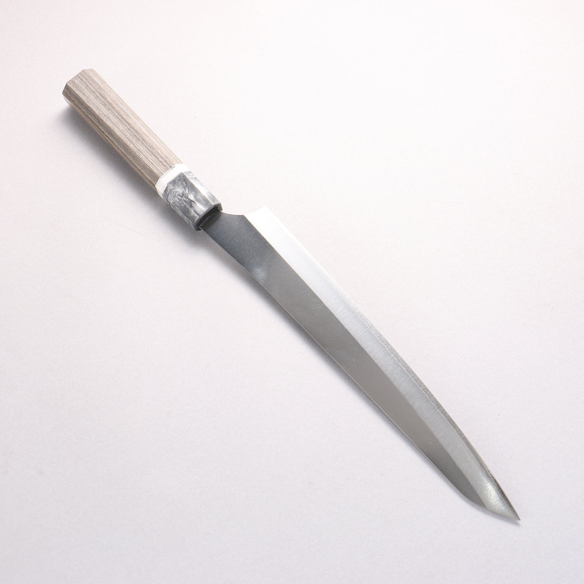 Yu Kurosaki Gekko VG-XEOS Sujihiki 240mm Gray Stabilized Wood (Ferrule: Gray Marbled Acrylic with White and Silver Rings) Handle