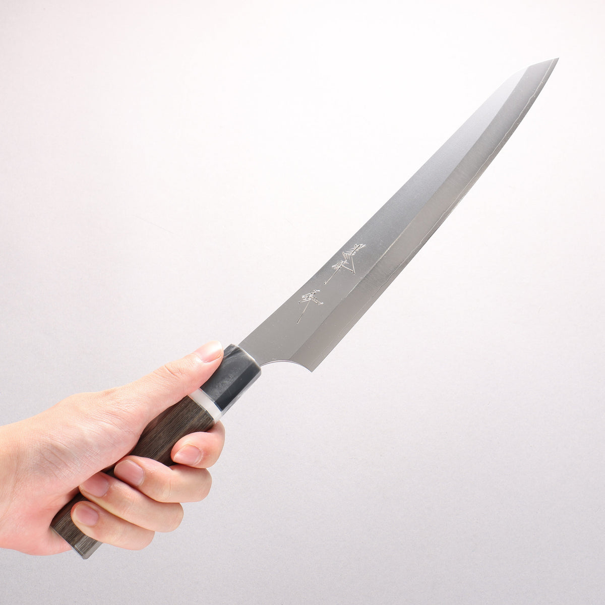 Yu Kurosaki Gekko VG-XEOS Sujihiki 240mm Gray Stabilized Wood (Ferrule: Gray Marbled Acrylic with White and Silver Rings) Handle
