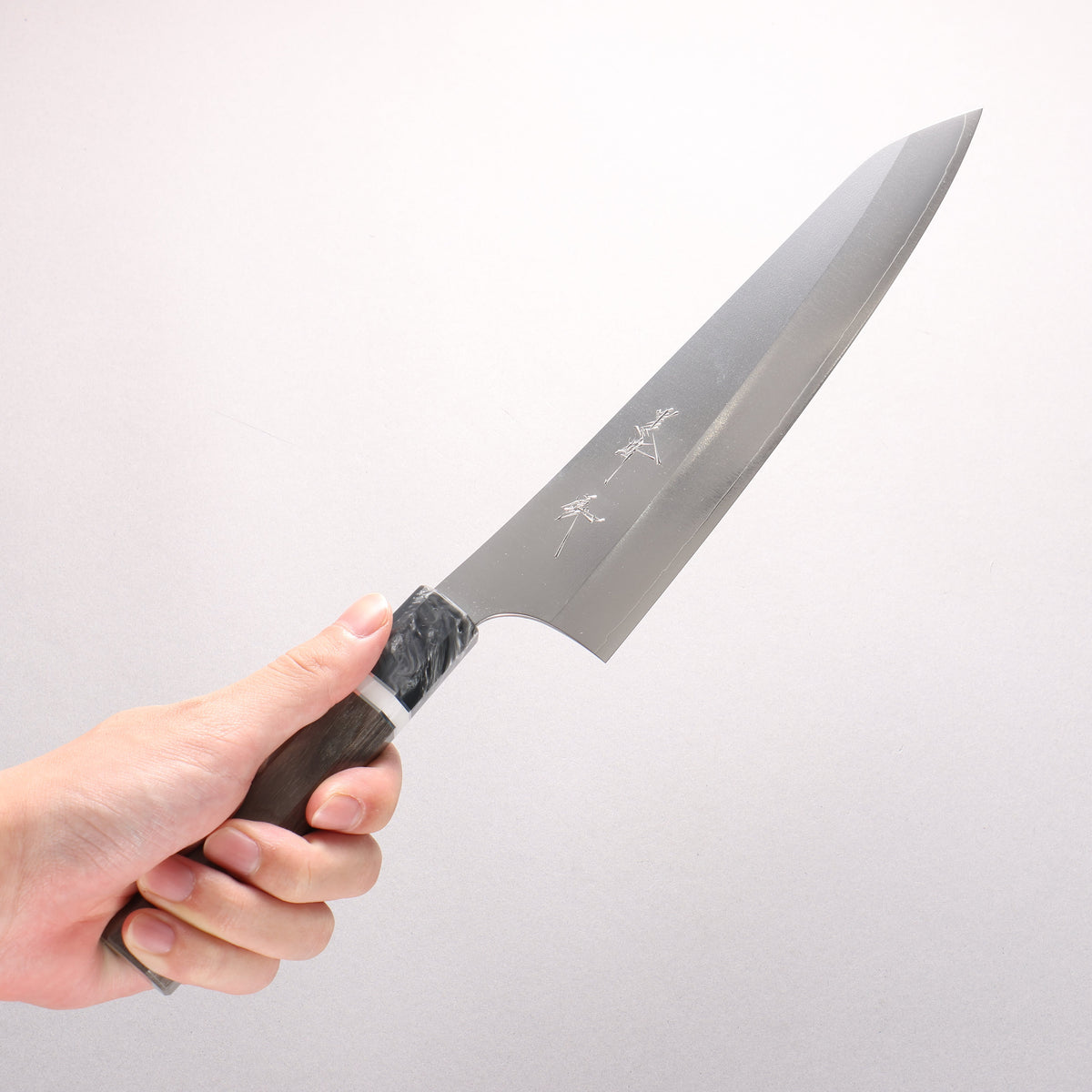 Yu Kurosaki Gekko VG-XEOS Gyuto 210mm Gray Stabilized Wood (Ferrule: Gray Marbled Acrylic with White and Silver Rings) Handle
