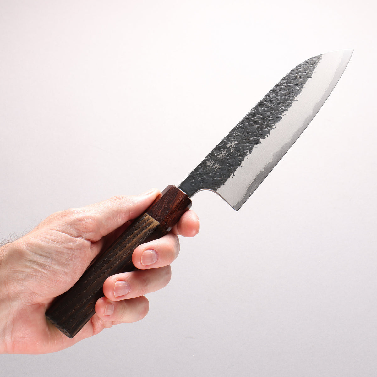 Yoshimi Kato Blue Super Black Finished Hammered(square) Santoku 170mm Burnt Chestnut (ferrule: Rosewood) Handle - Seisuke Knife