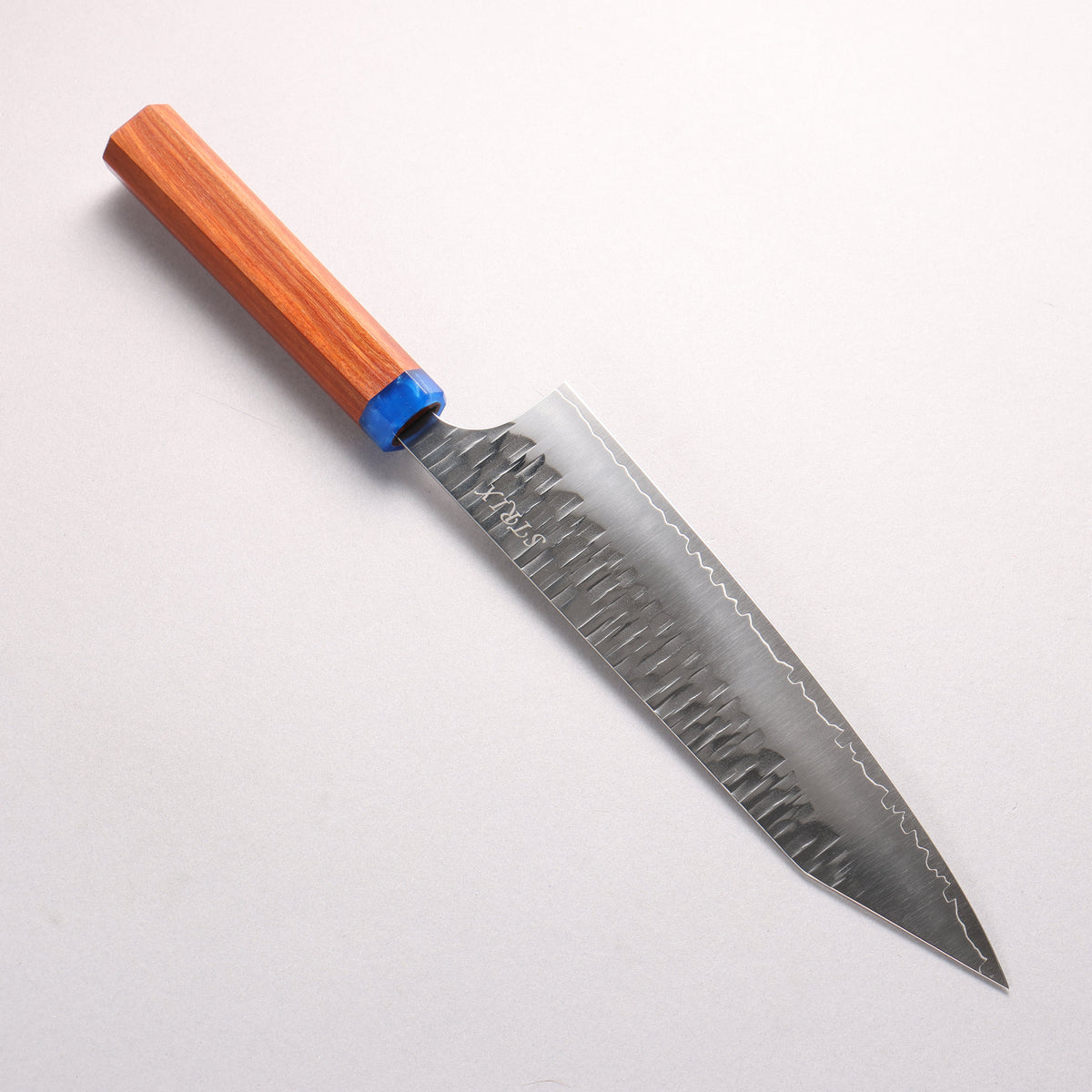 Yoshimi Kato Kasuri SPG STRIX Hammered Kiritsuke Gyuto 210mm Pao Rosa (Ferrule: Blue Marble Acrylic) Handle - Seisuke Knife