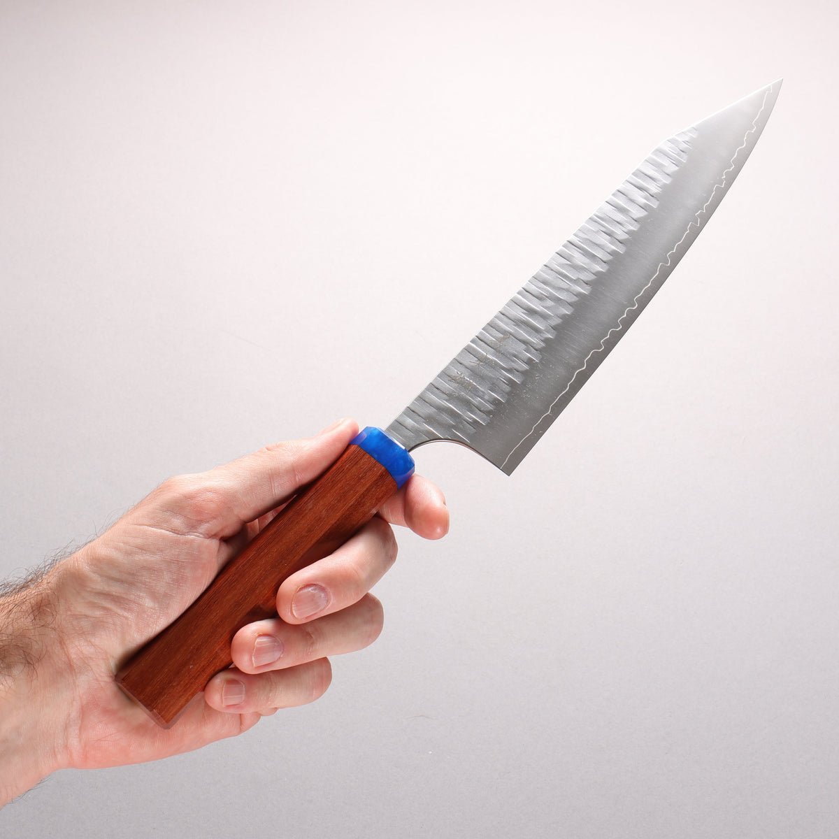 Yoshimi Kato Kasuri SPG STRIX Hammered Kiritsuke Gyuto 210mm Pao Rosa (Ferrule: Blue Marble Acrylic) Handle - Seisuke Knife