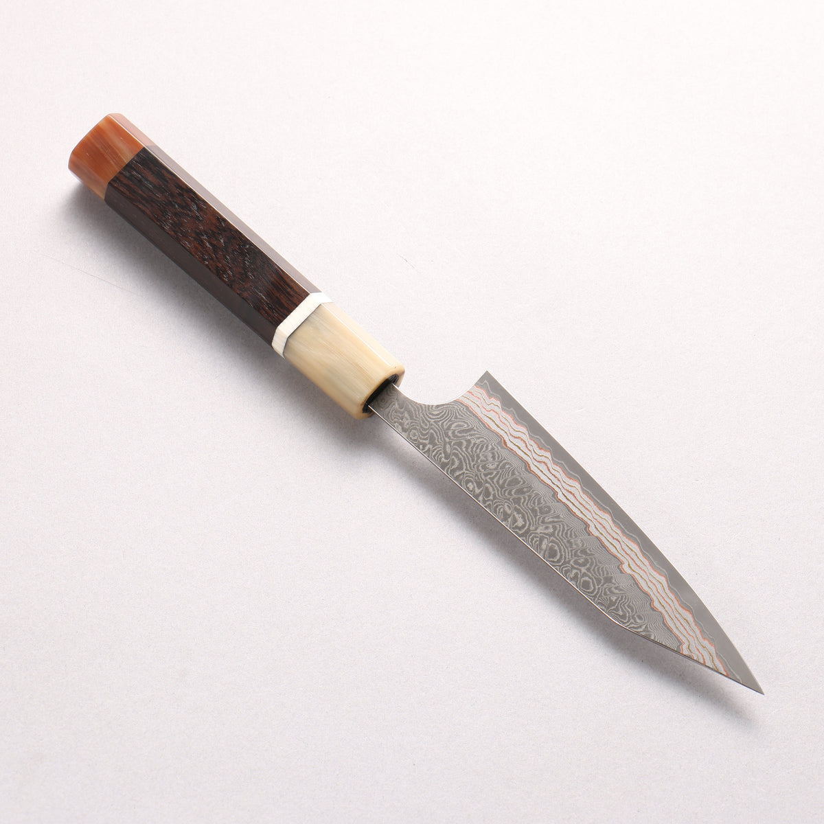 Yoshimi Kato VG10w Colored Damascus Kiritsuke Petty-Utility 120mm African Rosewood (with Double White Buffalo Horn) Handle - Seisuke Knife