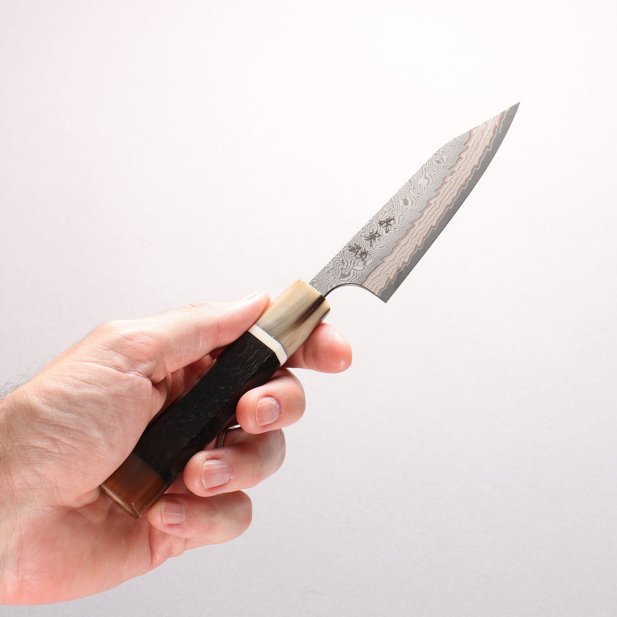 Yoshimi Kato VG10w Colored Damascus Kiritsuke Petty-Utility 120mm African Rosewood (with Double White Buffalo Horn) Handle - Seisuke Knife