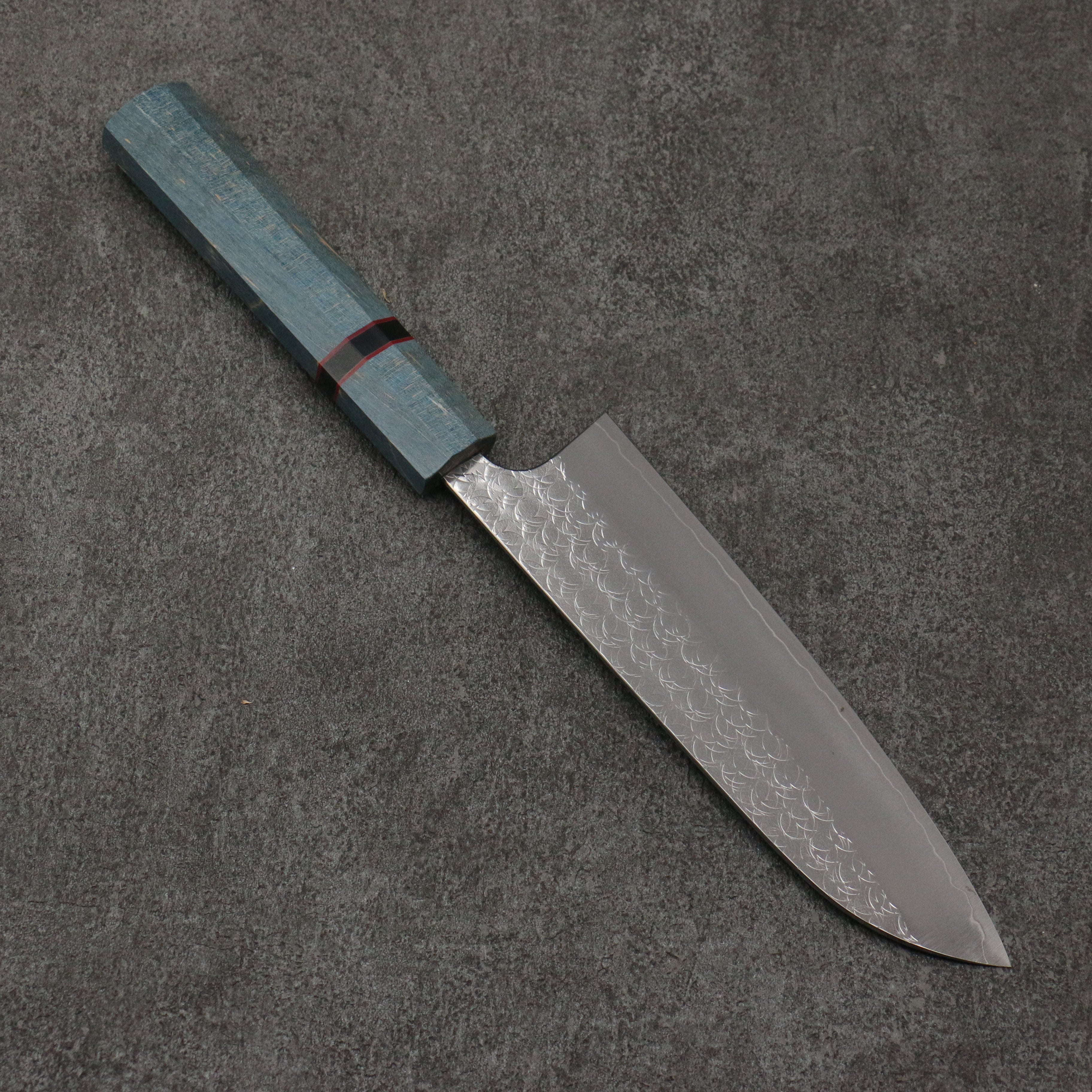 Yoshimi Kato Minamo SG2 Hammered Santoku  170mm Blue Stabilized Wood (With Black Ring) Handle - Seisuke Knife