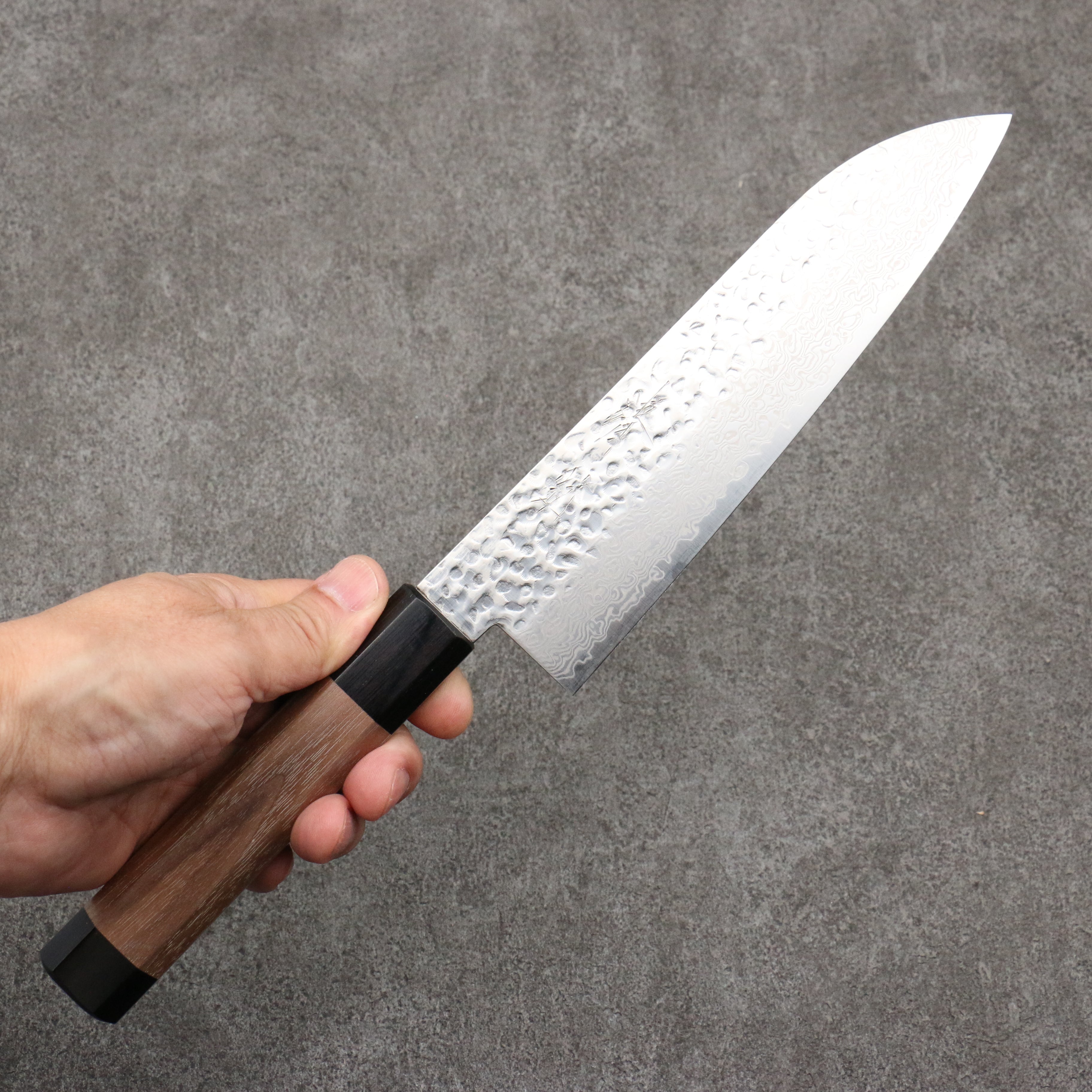 Seisuke Silver Steel No.3 Hammered Damascus Santoku 180mm Walnut (With Double Black Pakka wood) Handle - Seisuke Knife