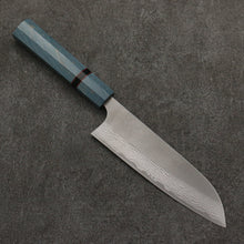  Yoshimi Kato VG10 Nashiji Damascus Santoku  170mm Blue Stabilized Wood (With Black Ring) Handle - Seisuke Knife