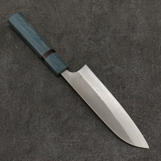 Yoshimi Kato VG10 Nashiji Damascus Santoku  170mm Blue Stabilized Wood (With Black Ring) Handle - Seisuke Knife