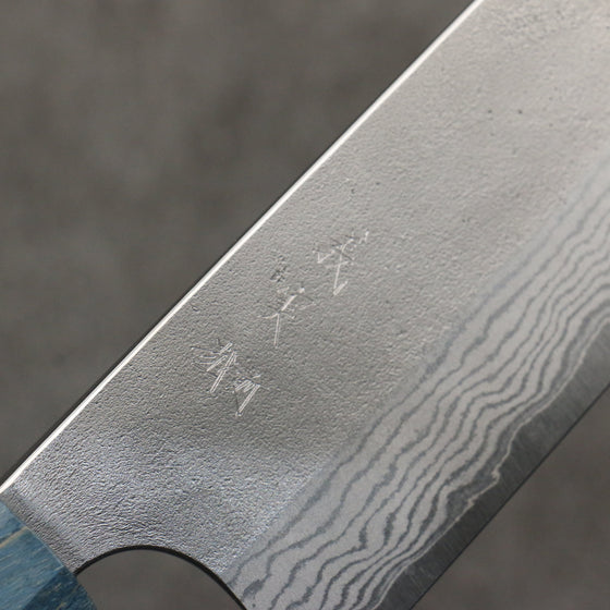 Yoshimi Kato VG10 Nashiji Damascus Santoku  170mm Blue Stabilized Wood (With Black Ring) Handle - Seisuke Knife