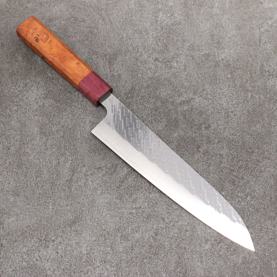 Takeshi Saji SPG STRIX Hammered Migaki Finished Gyuto  210mm Chinese Quince Burl (Ferrule: Purple Heart) Handle - Seisuke Knife