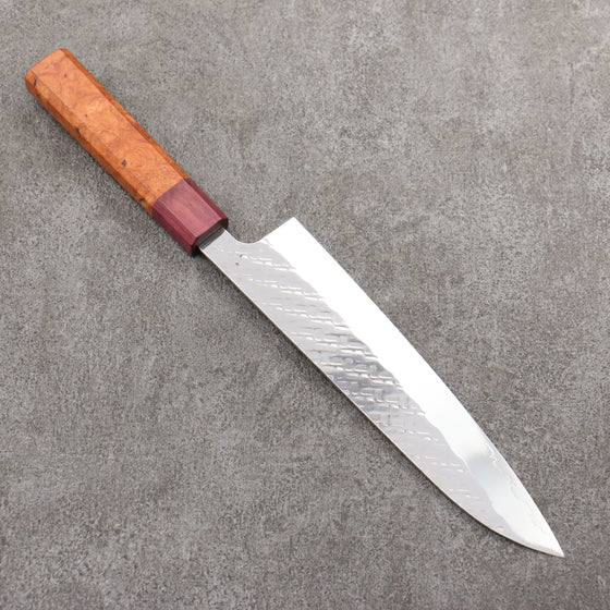 Takeshi Saji SPG STRIX Hammered Migaki Finished Gyuto  210mm Chinese Quince Burl (Ferrule: Purple Heart) Handle - Seisuke Knife