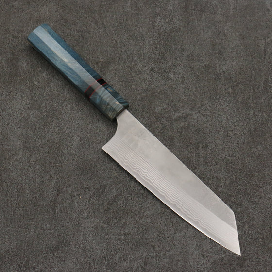 Yoshimi Kato VG10 Nashiji Damascus Bunka  170mm Blue Stabilized Wood (With Black Ring) Handle - Seisuke Knife