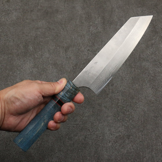 Yoshimi Kato VG10 Nashiji Damascus Bunka  170mm Blue Stabilized Wood (With Black Ring) Handle - Seisuke Knife