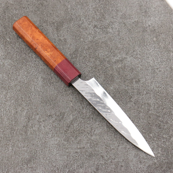 Takeshi Saji SPG STRIX Hammered Migaki Finished Petty-Utility  130mm Chinese Quince Burl (Ferrule: Purple Heart) Handle - Seisuke Knife