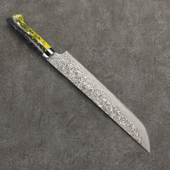 Takeshi Saji SG2 Black Damascus Sakimaru Sujihiki  240mm Purple and Yellow Marble Acrylic Handle - Seisuke Knife