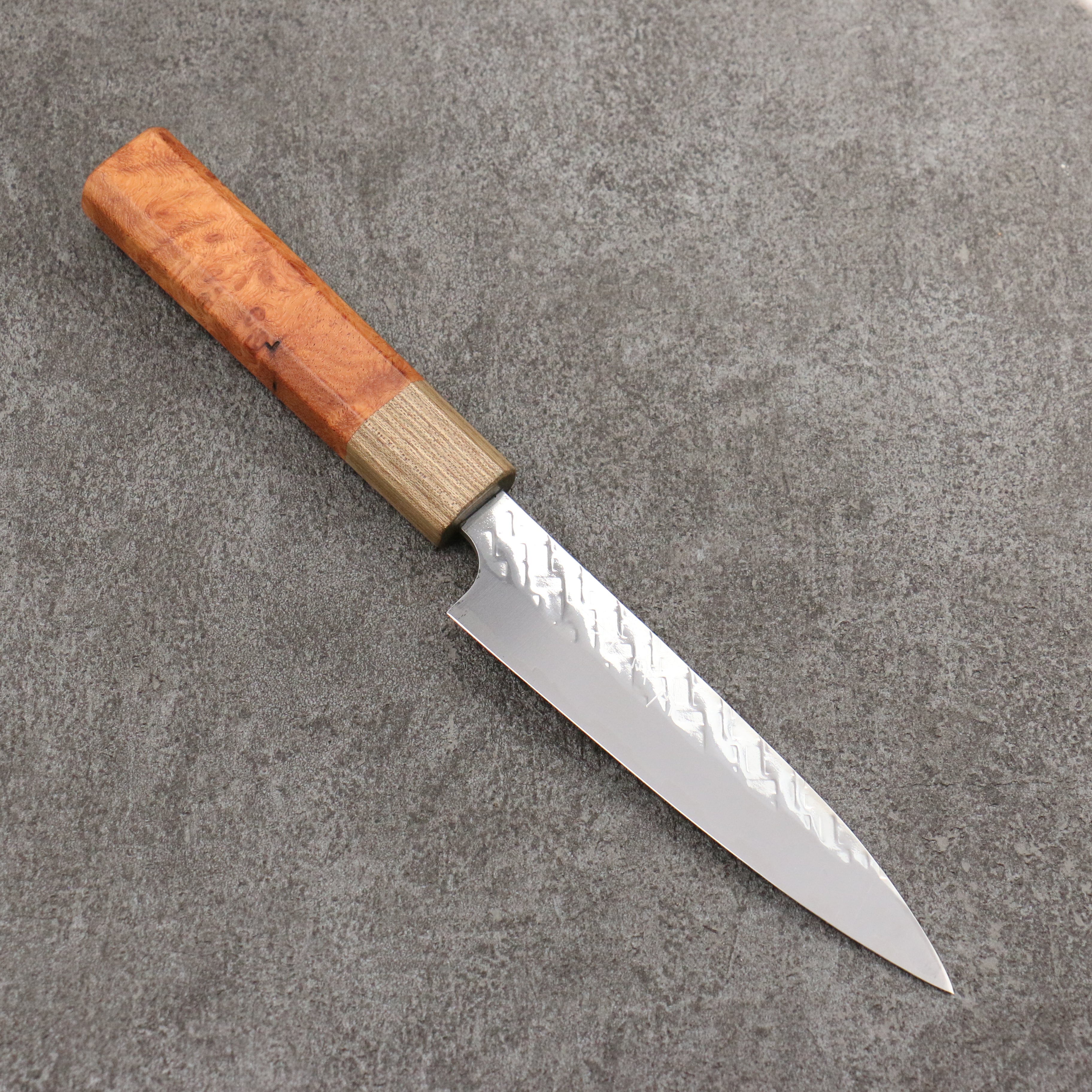 Takeshi Saji SPG STRIX Hammered Migaki Finished Petty-Utility  130mm Chinese Quince Burl (Ferrule: Ancient Chinese Ash) Handle - Seisuke Knife
