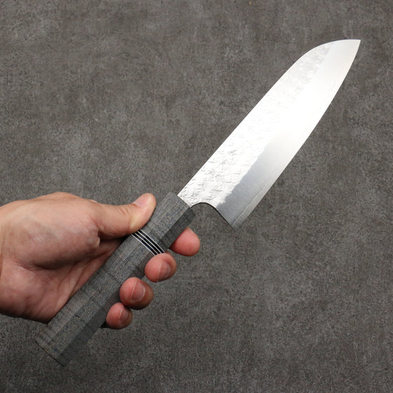 Yoshimi Kato Minamo SG2 Hammered Santoku  170mm Gray Stablilized Wood (Black and White Rings) Handle - Seisuke Knife