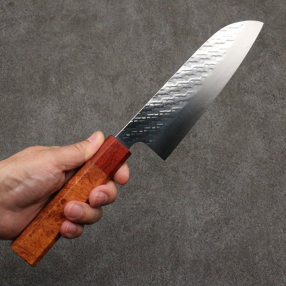 Takeshi Saji SPG STRIX Hammered Migaki Finished Santoku  165mm Chinese Quince Burl (Ferrule: Padaouk) Handle - Seisuke Knife