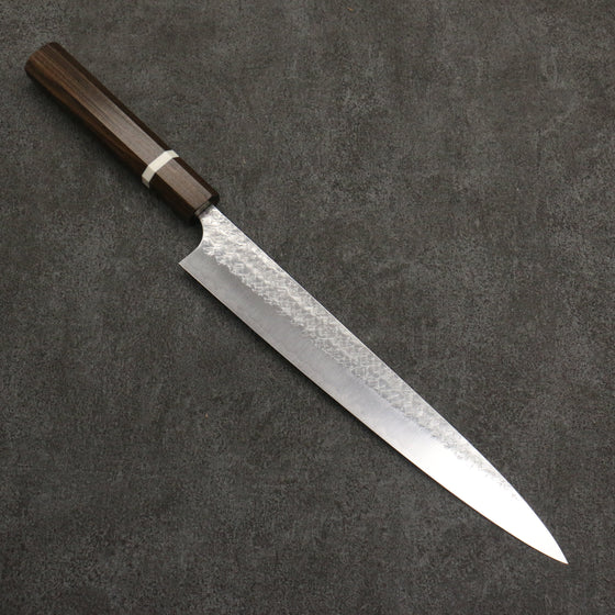 Yoshimi Kato Minamo SG2 Hammered Sujihiki  270mm Sandalwood with White Ring Handle - Seisuke Knife