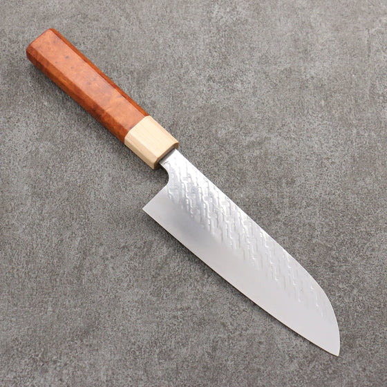 Takeshi Saji SPG STRIX Hammered Migaki Finished Santoku  165mm Chinese Quince Burl (Ferrule: Hard Maple) Handle - Seisuke Knife