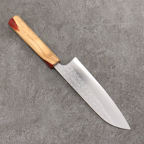 Yoshimi Kato Minamo SG2 Hammered Santoku  170mm Olive Tree and Red Resin Handle - Seisuke Knife