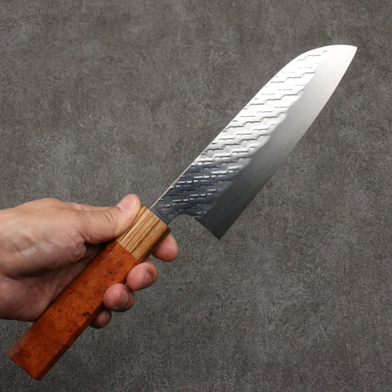 Takeshi Saji SPG STRIX Hammered Migaki Finished Santoku 165mm Chinese Quince Burl Zebra Wood Handle - Seisuke Knife