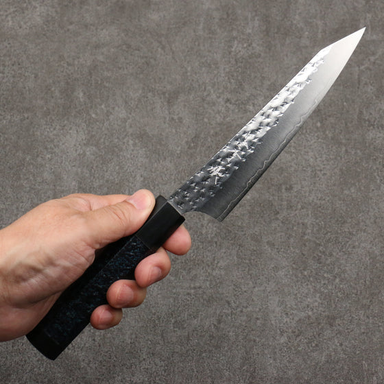 Yu Kurosaki Senko Ei Ai Tenmoku SG2 Hammered Petty-Utility  150mm Indigo Lacquered (Tenmoku) Handle with Sheath - Seisuke Knife