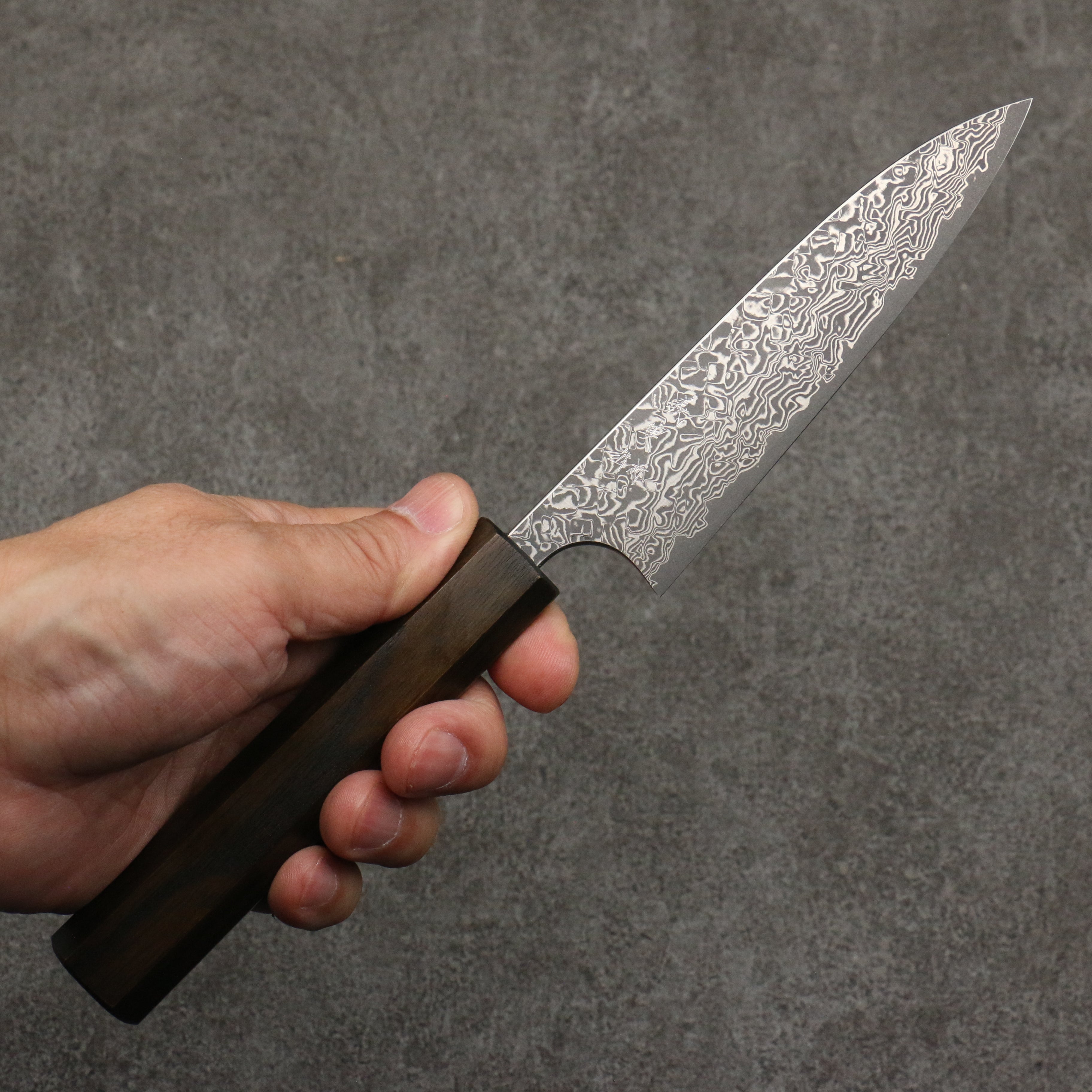 Yoshimi Kato VG10 Black Damascus Petty-Utility  120mm Dark Lacquered Japanese Pagoda Tree Handle - Seisuke Knife