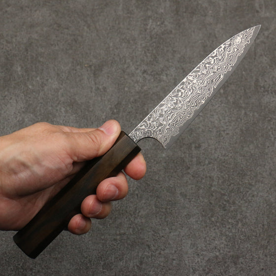 Yoshimi Kato VG10 Black Damascus Petty-Utility  120mm Dark Lacquered Japanese Pagoda Tree Handle - Seisuke Knife