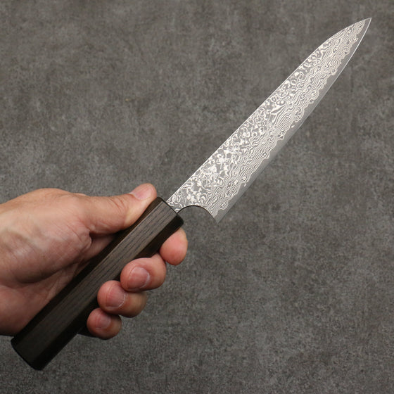 Yoshimi Kato VG10 Black Damascus Petty-Utility  150mm Dark Lacquered Japanese Pagoda Tree Handle - Seisuke Knife