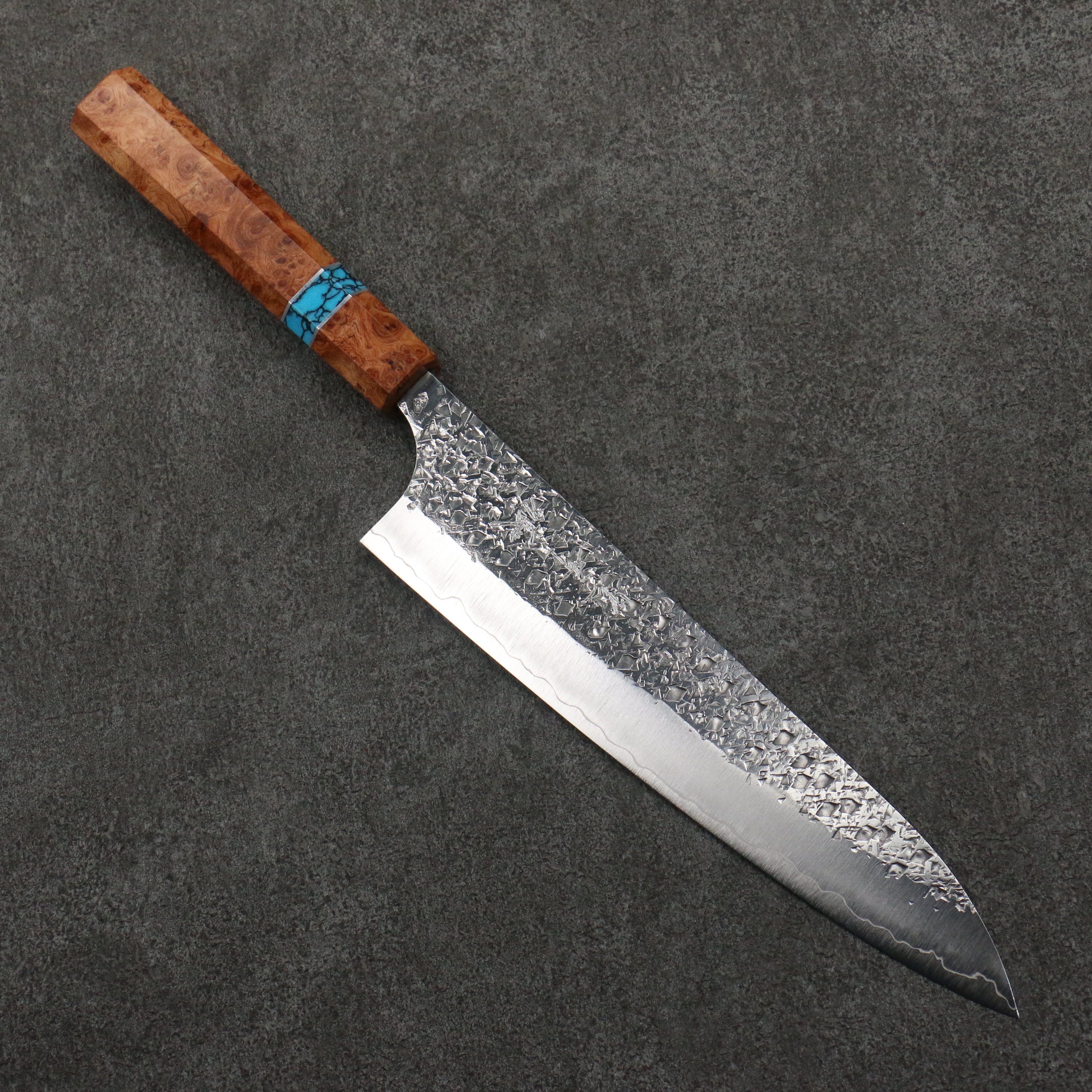 Yu Kurosaki Shizuku SG2 Hammered Gyuto 210mm Turquoise & Chinese Quince Burl Handle - Seisuke Knife