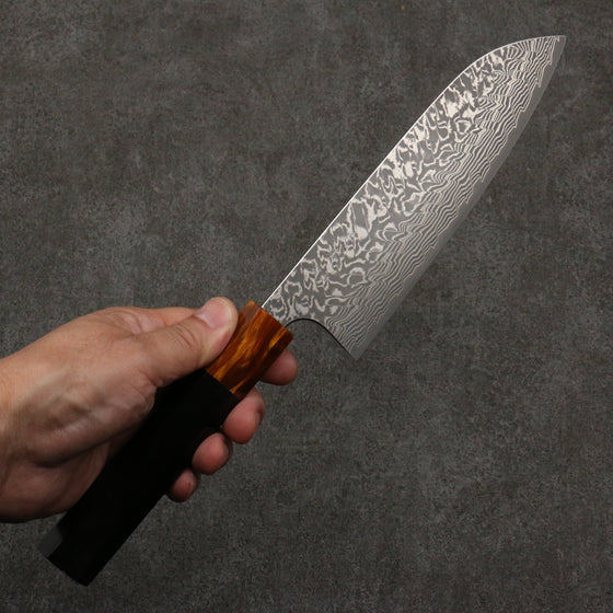 Yoshimi Kato SG2 Black Damascus Santoku  170mm Ebony (ferrule: Orange Resin) Handle - Seisuke Knife