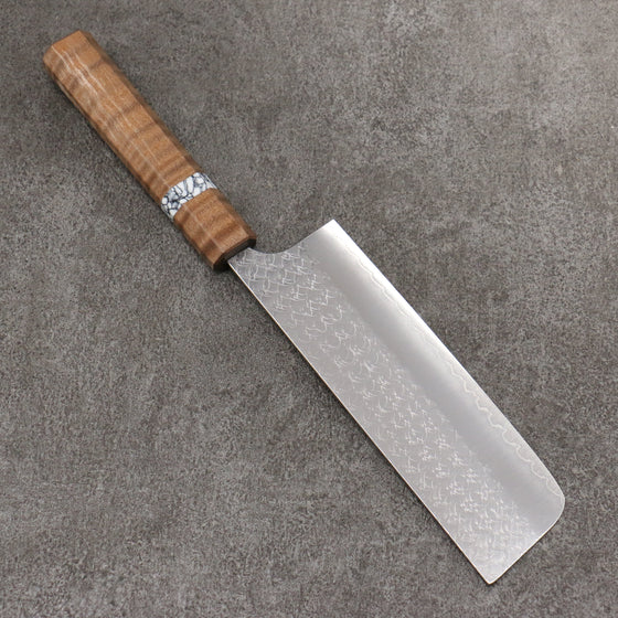 Yoshimi Kato Minamo SG2 Hammered Nakiri  165mm Brown Stabilized Wood (White turquoise Ring) Handle - Seisuke Knife