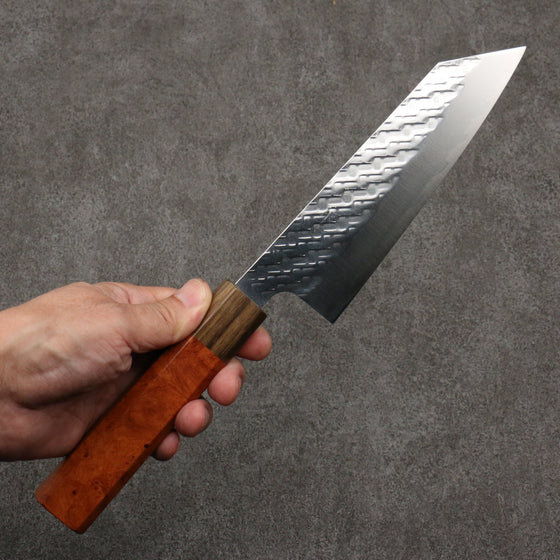 Takeshi Saji SPG STRIX Hammered Migaki Finished Bunka 165mm Chinese Quince Burl & Ovangkol Handle - Seisuke Knife