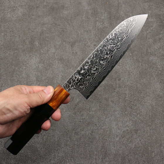 Yoshimi Kato SG2 Damascus Migaki Polish Finish Santoku  170mm Ebony (ferrule: Orange Resin) Handle - Seisuke Knife