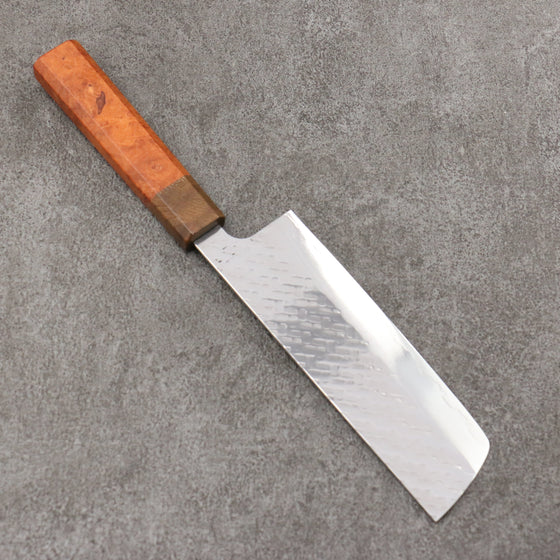 Takeshi Saji SPG STRIX Hammered Migaki Finished Nakiri 165mm Chinese Quince Burl & Ancient Japanese ElmHandle - Seisuke Knife