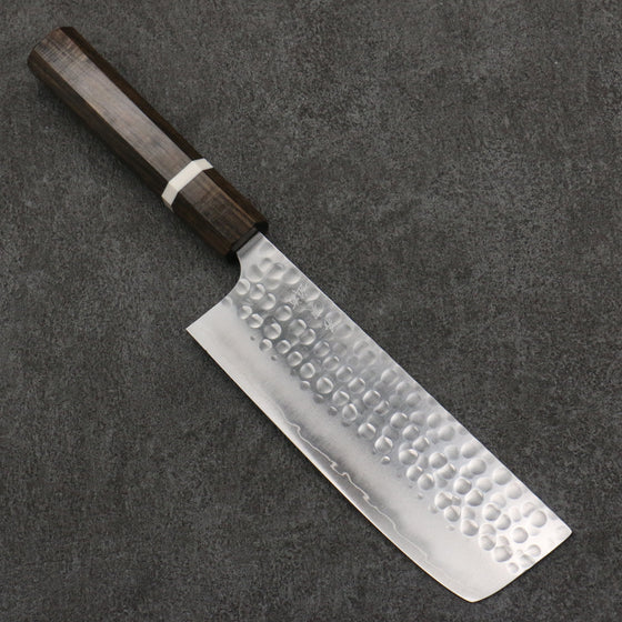 Yoshimi Kato Silver Steel No.3 Hammered(Maru) Migaki Finished Nakiri  165mm Sandalwood with White Ring Handle - Seisuke Knife