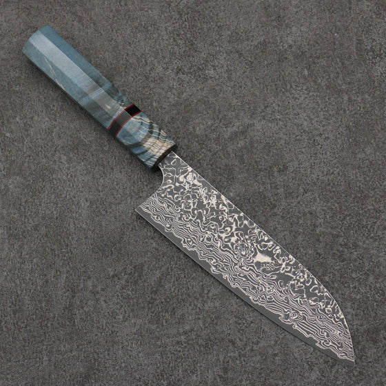 Yoshimi Kato VG10 Black Damascus Santoku  170mm Blue Stabilized Wood (With Black Ring) Handle - Seisuke Knife