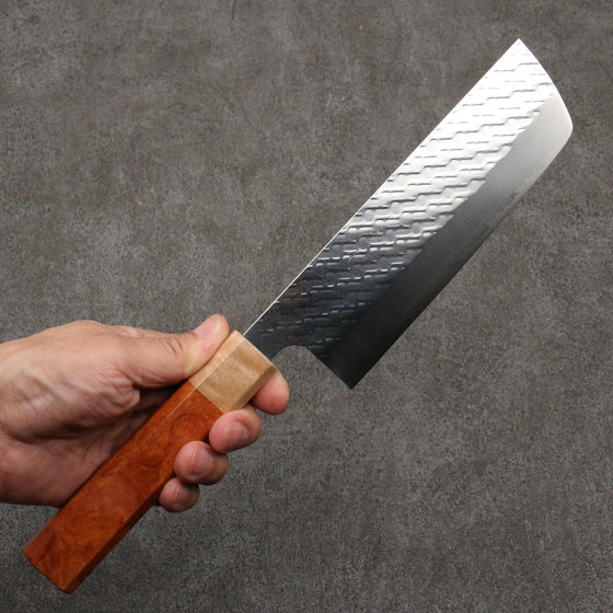 Takeshi Saji SPG STRIX Hammered Migaki Finished Nakiri  165mm Chinese Quince Burl (Ferrule: Maple) Handle - Seisuke Knife