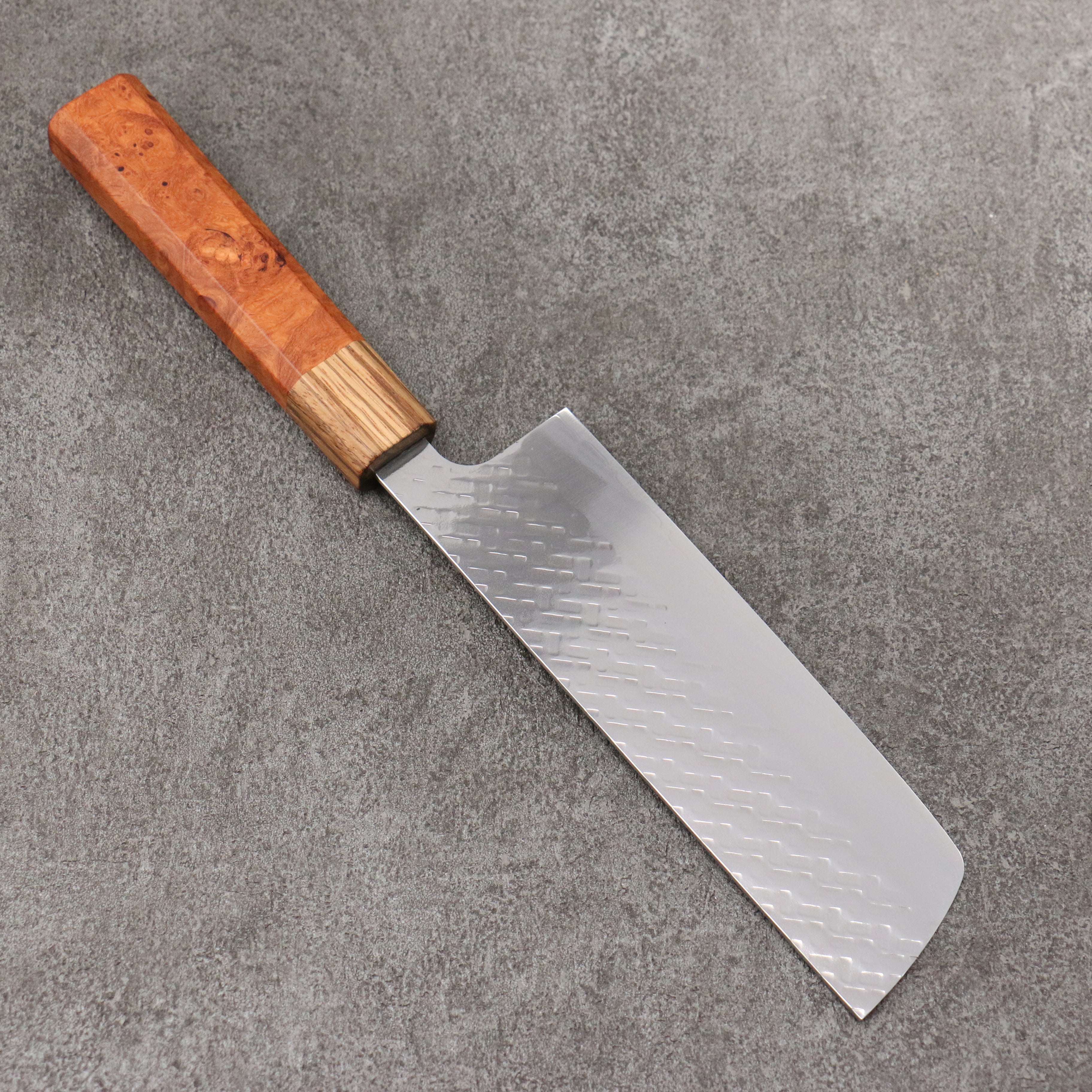 Takeshi Saji SPG STRIX Hammered Migaki Finished Nakiri 165mm Chinese Quince Burl & Zebra Wood Handle - Seisuke Knife