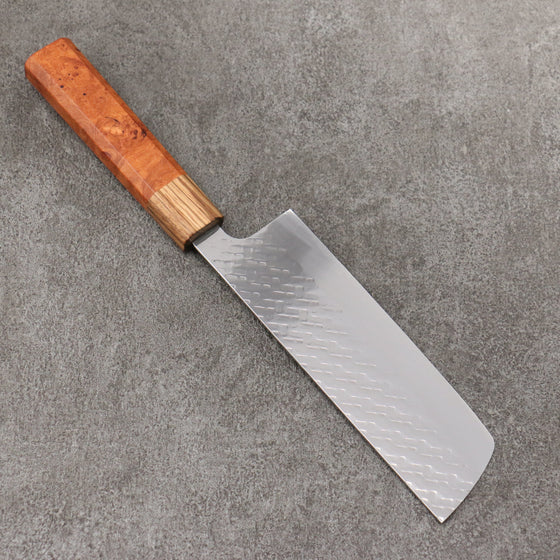 Takeshi Saji SPG STRIX Hammered Migaki Finished Nakiri 165mm Chinese Quince Burl & Zebra Wood Handle - Seisuke Knife