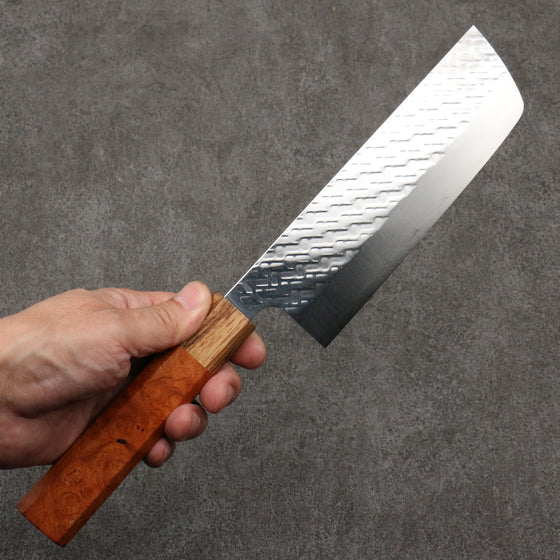 Takeshi Saji SPG STRIX Hammered Migaki Finished Nakiri 165mm Chinese Quince Burl & Zebra Wood Handle - Seisuke Knife